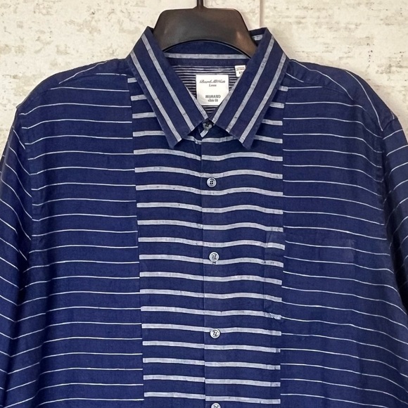 BAIRD MCNUTT Linen Murano Slim Fit Blue Stripe Button Up Shirt XL - Picture 2 of 13